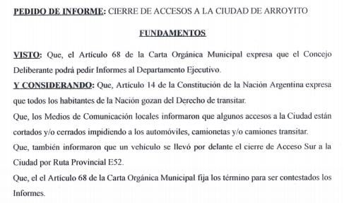 Pedido de Informe Concejales opositores de Arroyito