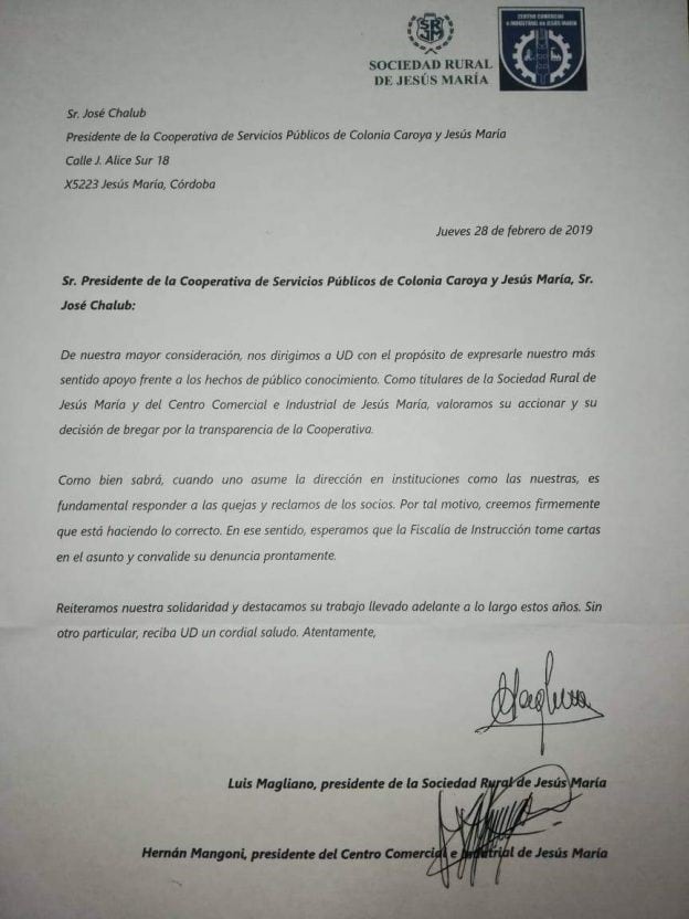 Nota de la Sociedad Rural de Jesús María.