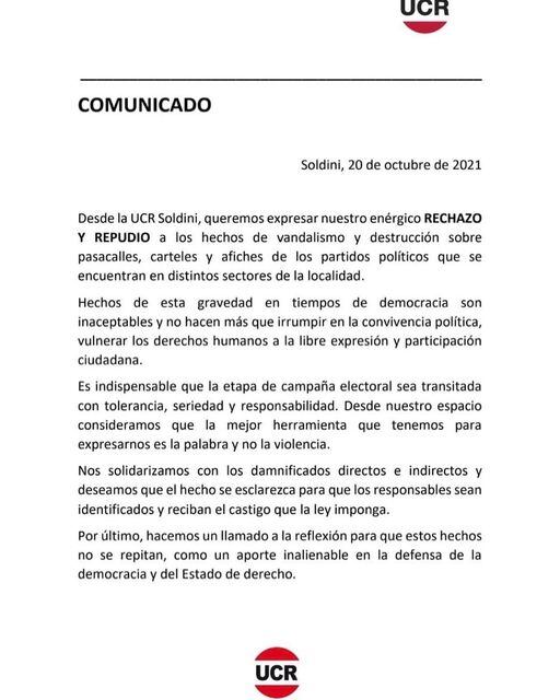 La UCR de Soldini repudió hechos de vandalismo sobre cartelería de partidos políticos (Facebook Alejandro Luciani)