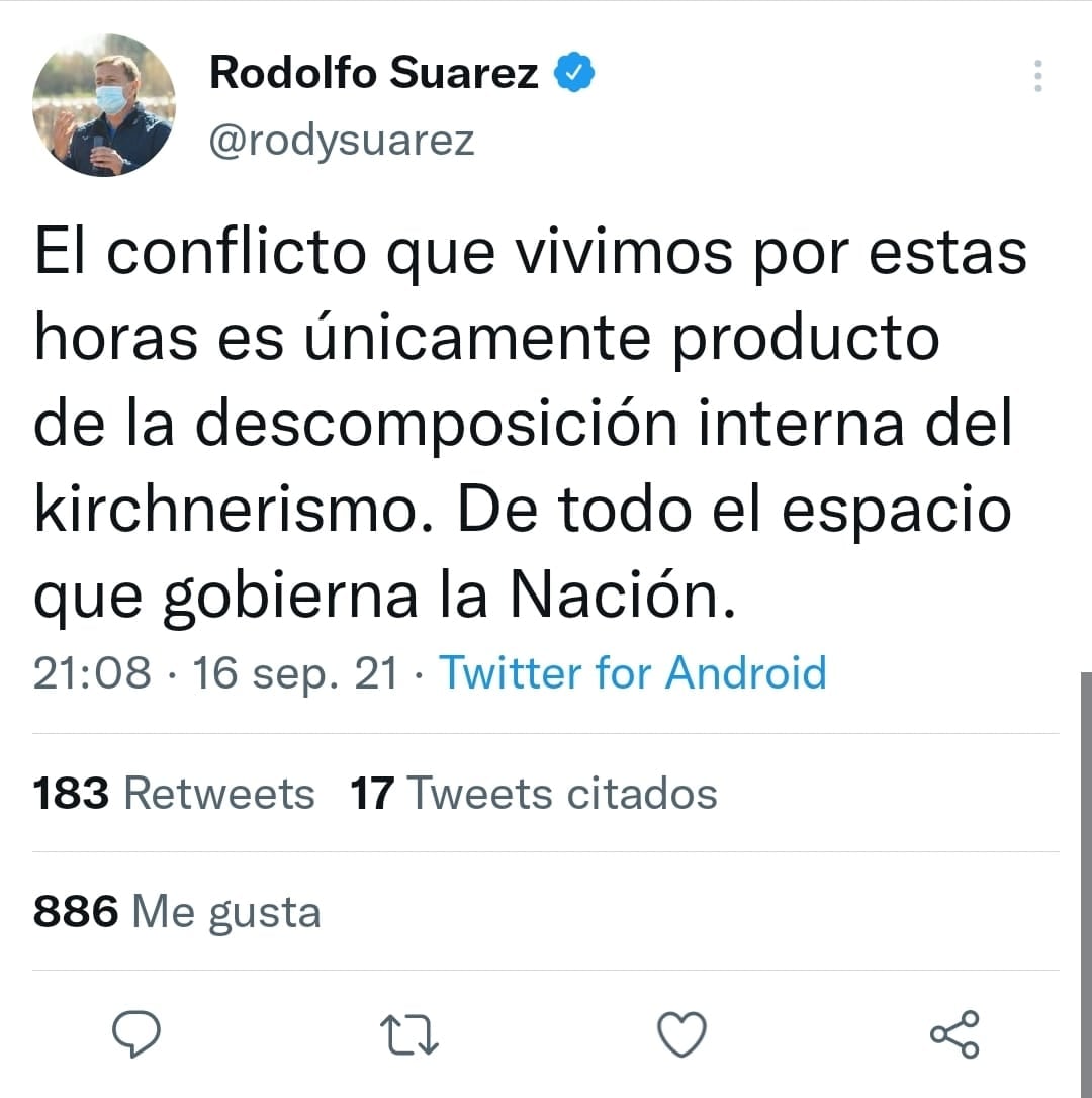 Rodolfo Suarez apuntó contra el Gobierno Nacional.