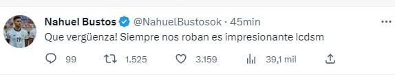 Nahuel Bustos, otro de los que expresó su enojo en Talleres, por el penal para Defensa y Justicia.