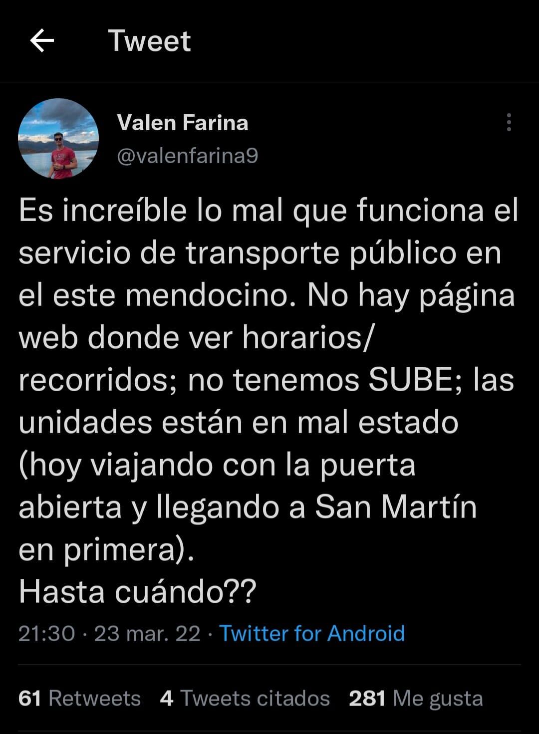 Estudiante sanmartiniano descontento con el servicio de transporte