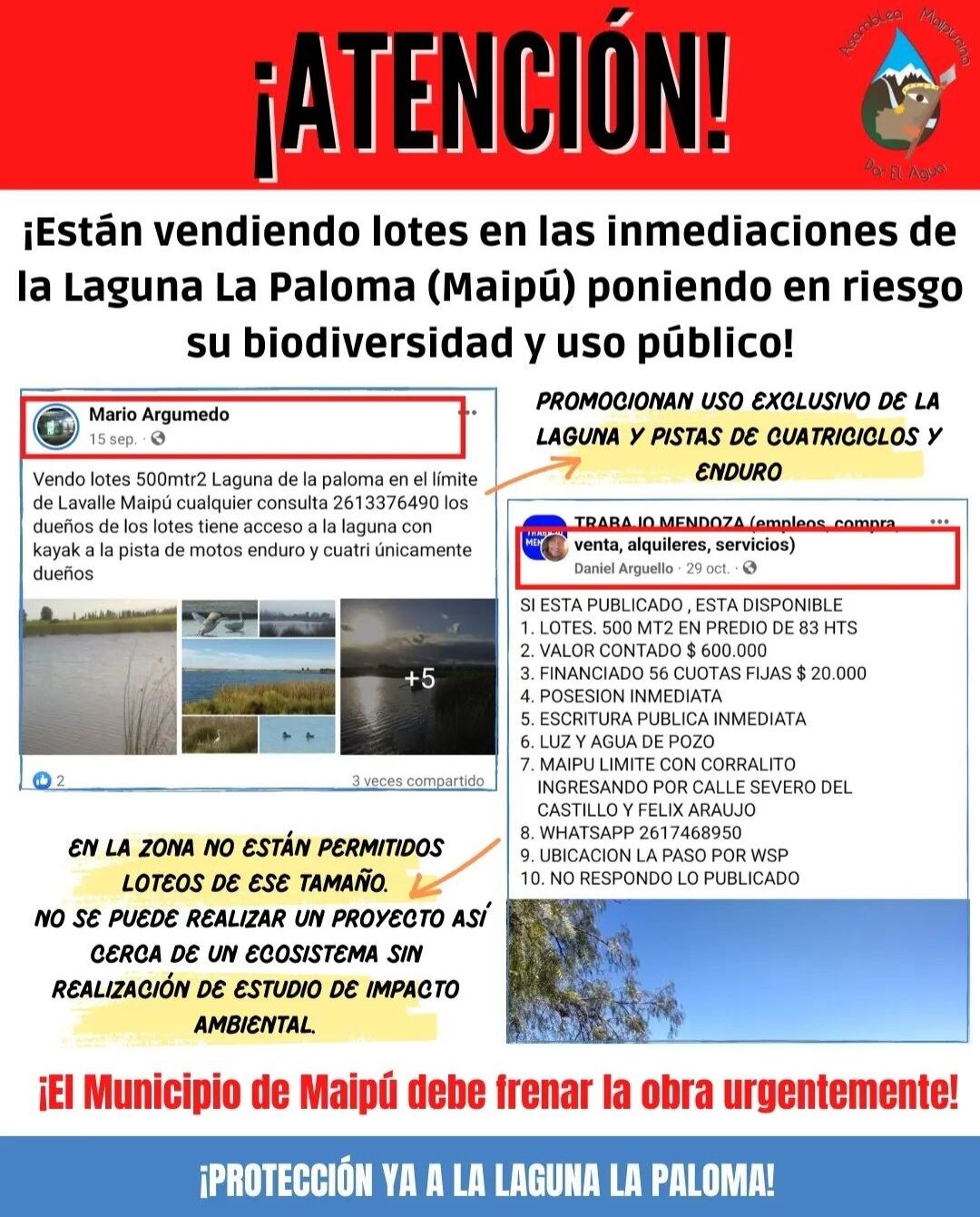 La Asamblea Maipucina por el Agua denunció venta ilegal de lotes en la Laguna La Paloma de Maipú.