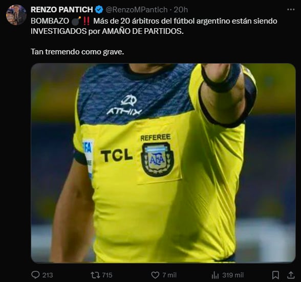 Renzo Pantich expresó que hay árbitros investigados en el fútbol argentino.