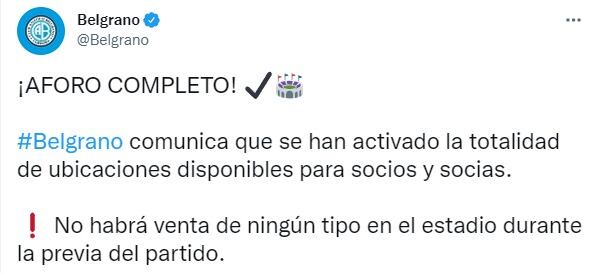 Los hinchas de Belgrano "coparon" todas las localidades disponibles para el partido ante Estudiantes de Río Cuarto.