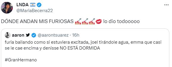 María Becerra se mostró fan de Furia de Gran Hermano 2024.