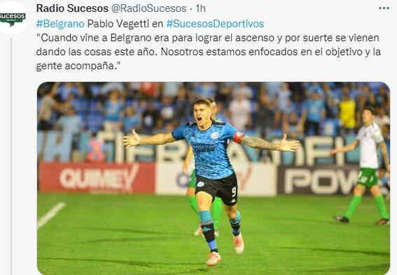 Pablo Vegetti volvió a hablar del objetivo del ascenso con Belgrano.