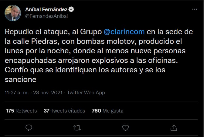 Aníbal Fernández se expresó sobre el ataque al Grupo Clarín