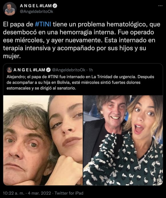 Ángel de Brito dio detalles sobre la salud del papá de Tini Stoessel.