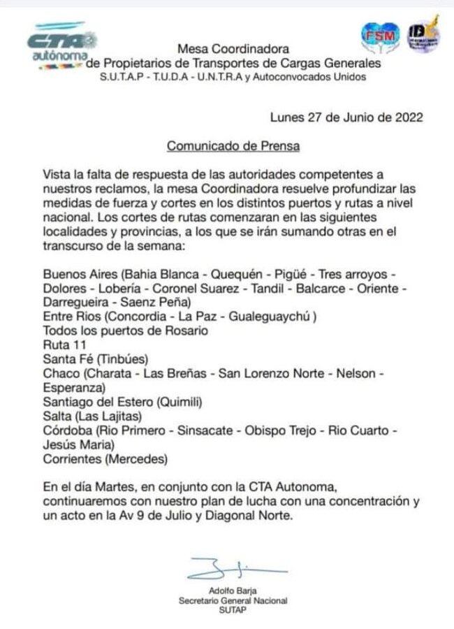 El comunicado de transportistas anunciando un nuevo paro en todo el país por la falta de gasoil.