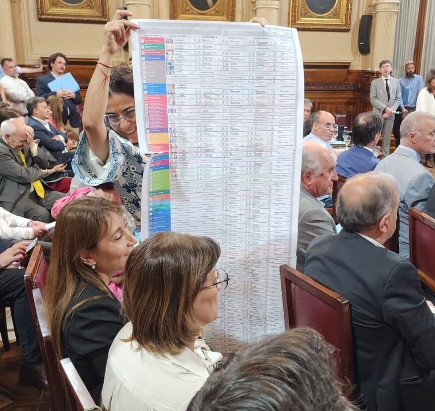 "La Boleta Única de papel no tiene ninguna necesidad ni urgencia para tratarse ahora", dijo la senadora Carolina Moisés, a la vez de exhibir un modelo de lo que sería la nueva boleta electoral.