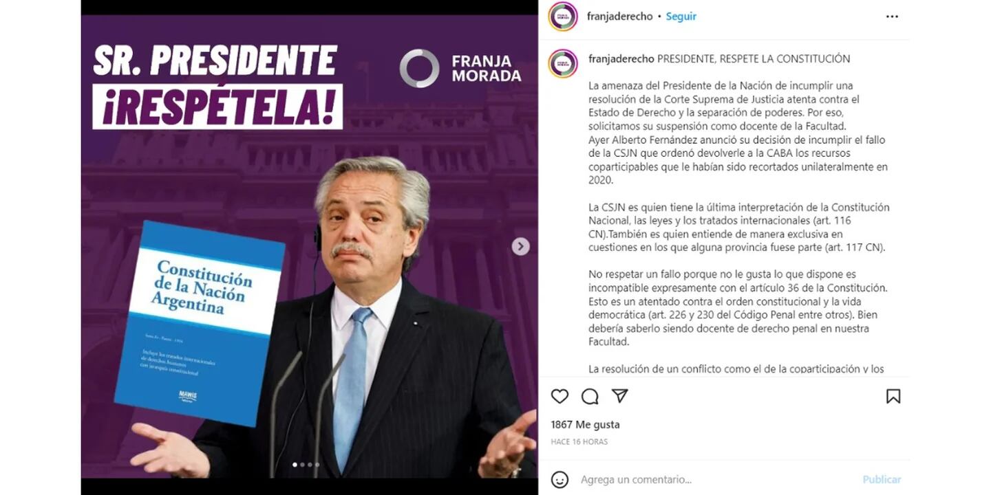 La publicación que realizaron alumnos de la Facultad de Derechos nucleados en la Franja Morada. Foto: Instagram