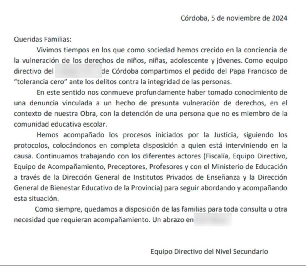 El comunicado del colegio religioso de Córdoba luego de la denuncia de abuso sexual.