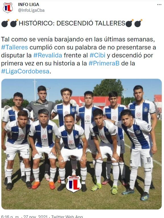 Por primera vez, Talleres jugará en la Primera B.