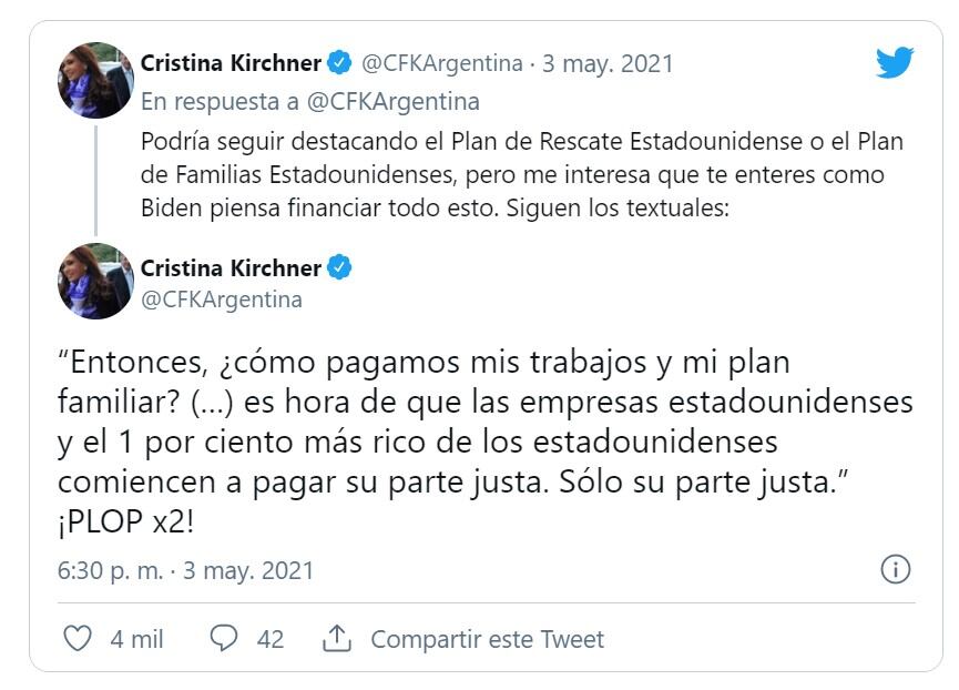 Los tuits de Cristina Fernández de Kirchner sobre el discurso de Biden