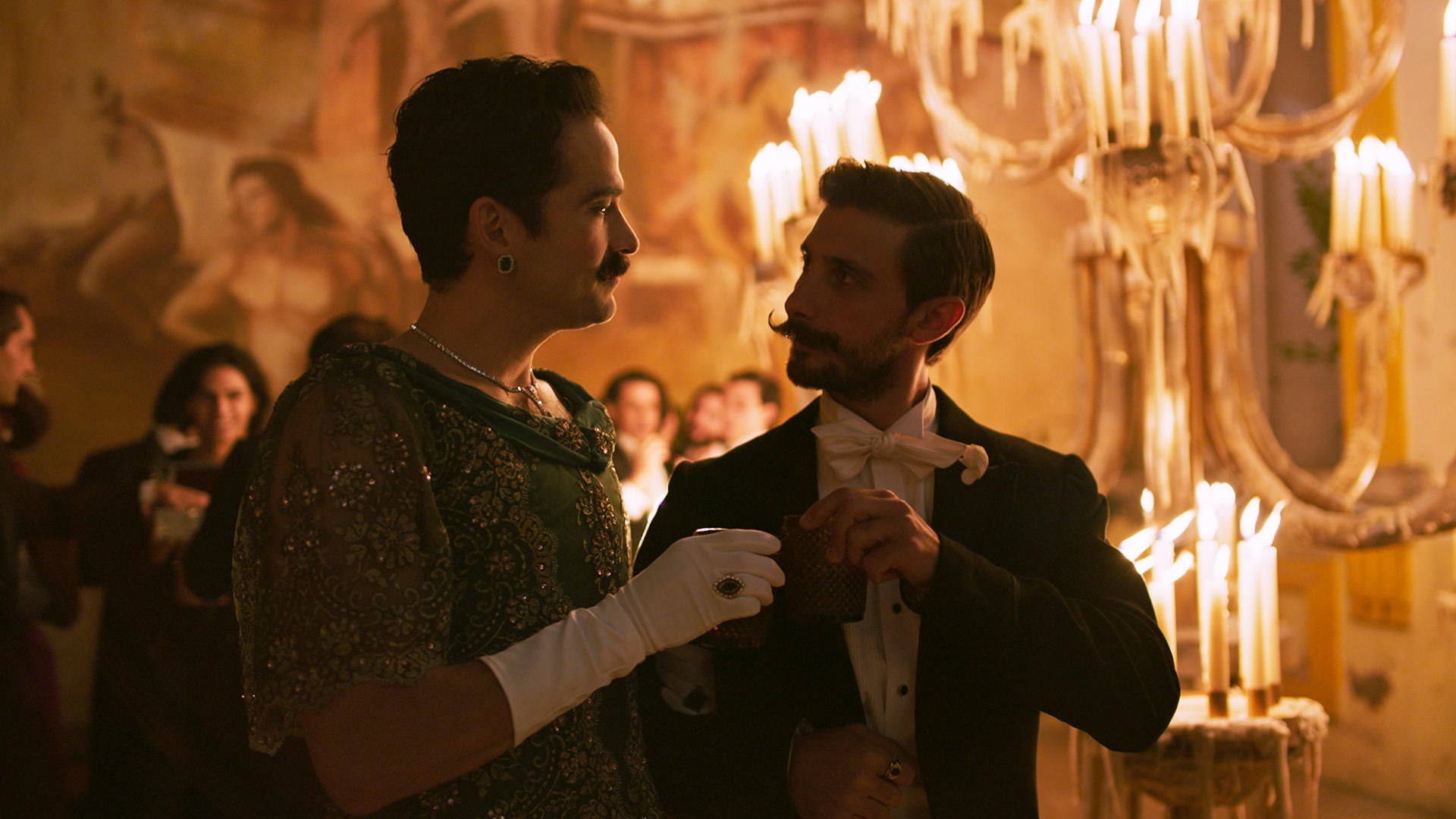 DANCE OF THE FORTY ONE ALFONSO HERRERA as IGNACIO DE LA TORRE and EMILIANO ZURITA as EVARISTO of DANCE OF THE FORTY ONE. Cr. COURTESY OF NETFLIX © 2021