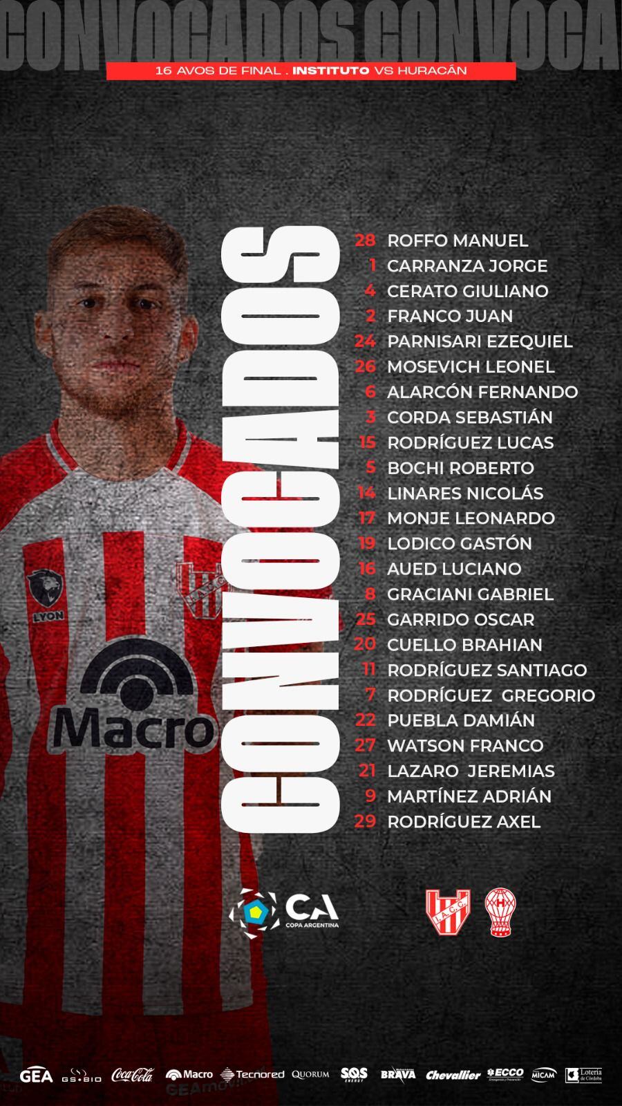 Instituto y sus convocados para el partido con Huracán.