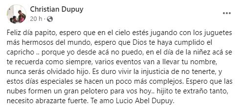 Christian Dupuy publicó un emotivo mensaje por el Día del niño en memoria de su hijo.