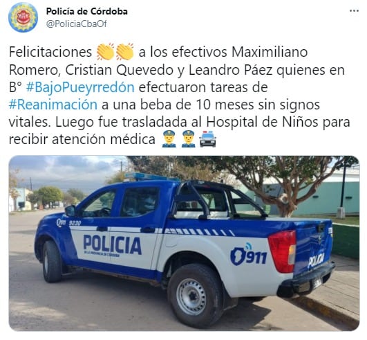 Desde la Policía felicitaron a los uniformados por reanimar a la bebé.