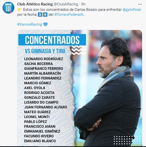 Carlos Bossio pondrá un equipo alternativo en el Racing-Gimnasia y Tiro.