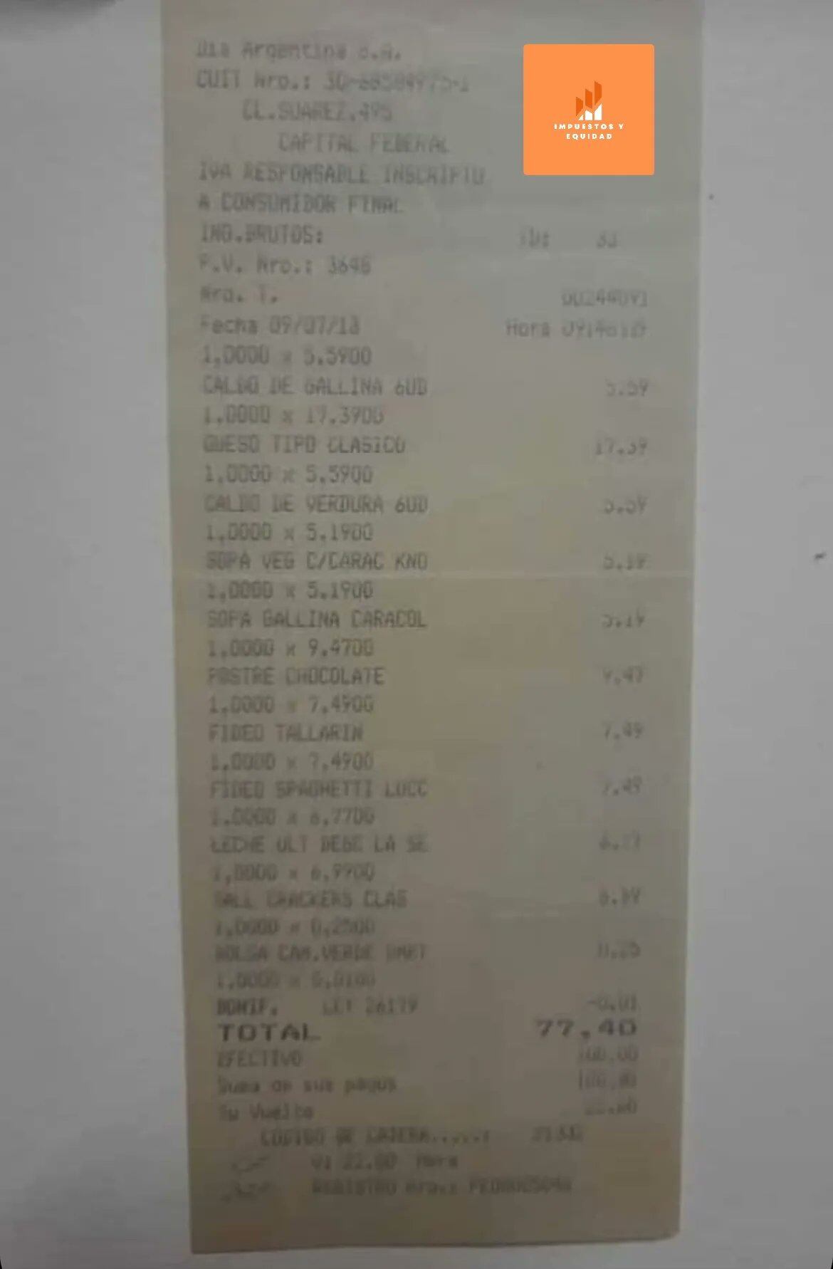 Foto de un ticket del año 2013 en el cual se ve como con tan solo 77$ pesos se podía comprar una gran cantidad de productos.