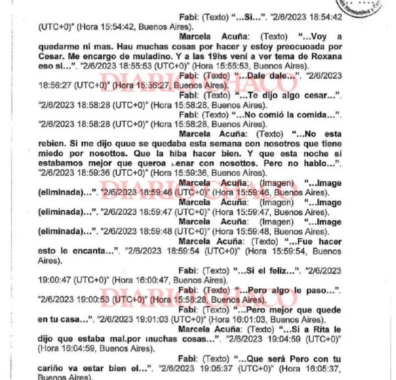 Los mensajes que intercambiaron Marcela Acuña y Fabiana González el viernes 2 de junio.