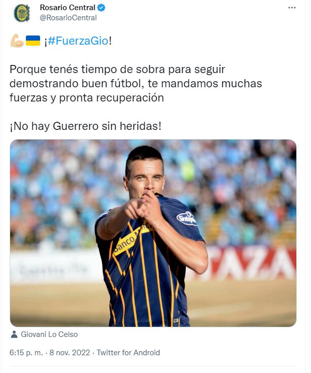 El Club Rosario Central le deseó pronta recuperación a su ex jugador.