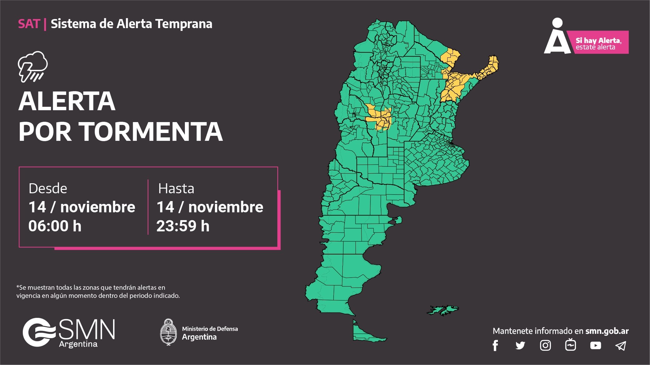 Alerta amarilla por tormentas en Córdoba.