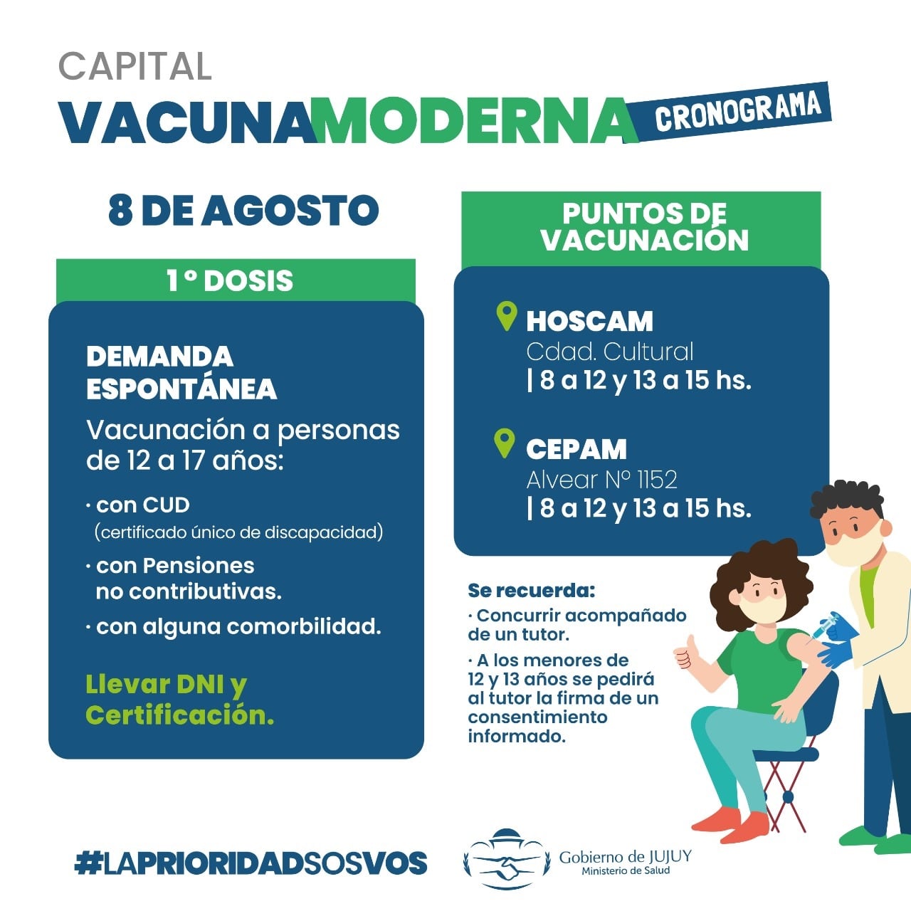 La etapa de vacunación para el grupo de 12 a 17 años de edad con factores de riesgo se lleva adelante en Jujuy con un lote inicial de 15.120 dosis enviadas desde Nación.