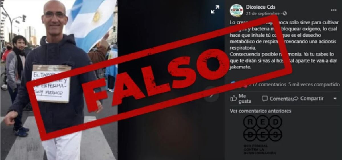 Es falso que el tapabocas cultive hongos y bacterias que bloquean el oxígeno y provocan neumonía