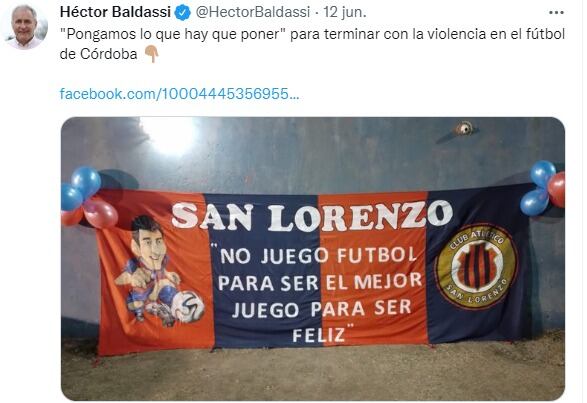 La Coneja Héctor Baldassi acompañó a la Liga Cordobesa en la decisión de pararse en firme contra la violencia en las canchas.