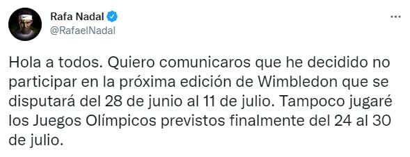 Rafael Nadal se tomará un descanso.