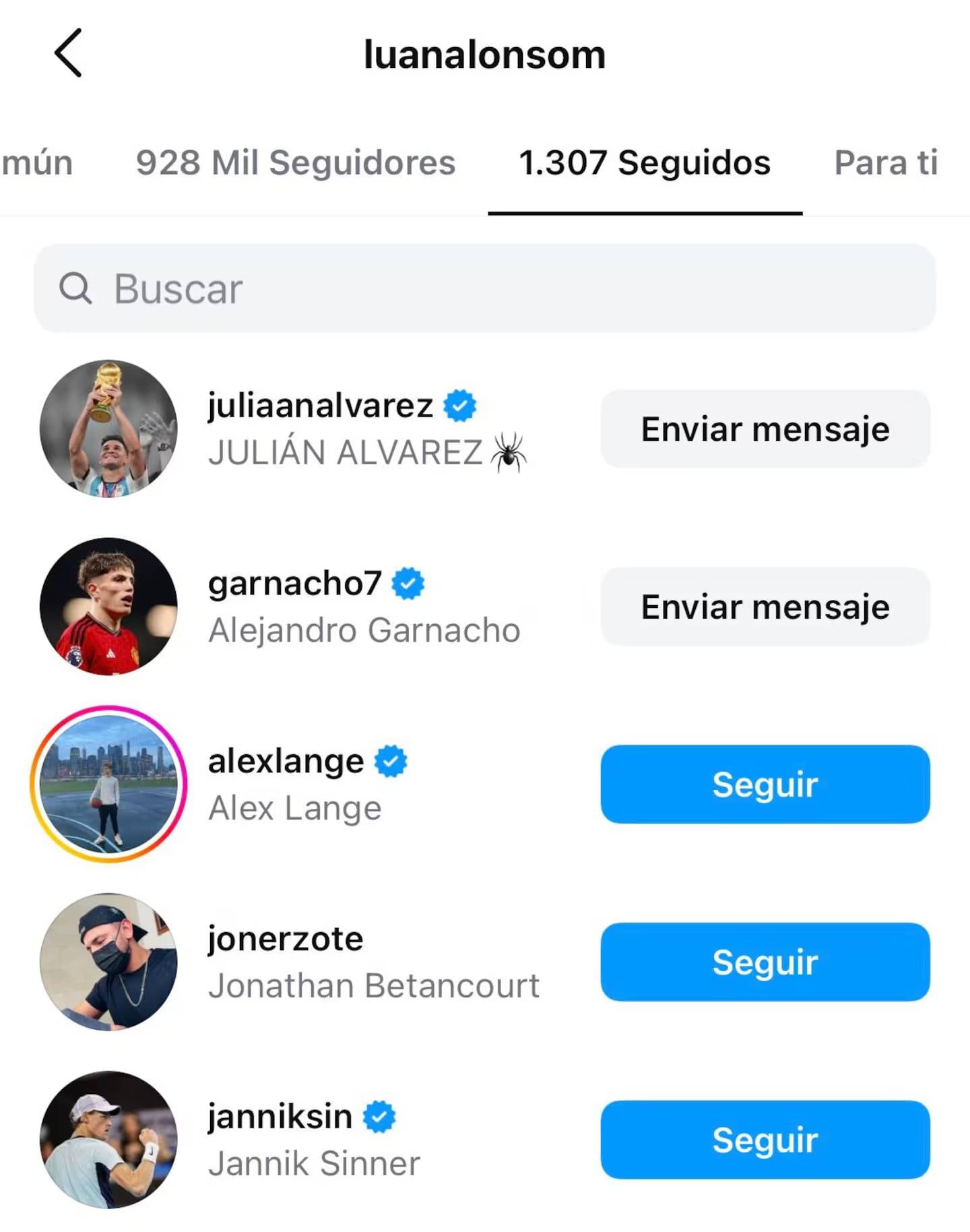 Luana Alonso sigue a Julián Álvarez y a Garnacho.