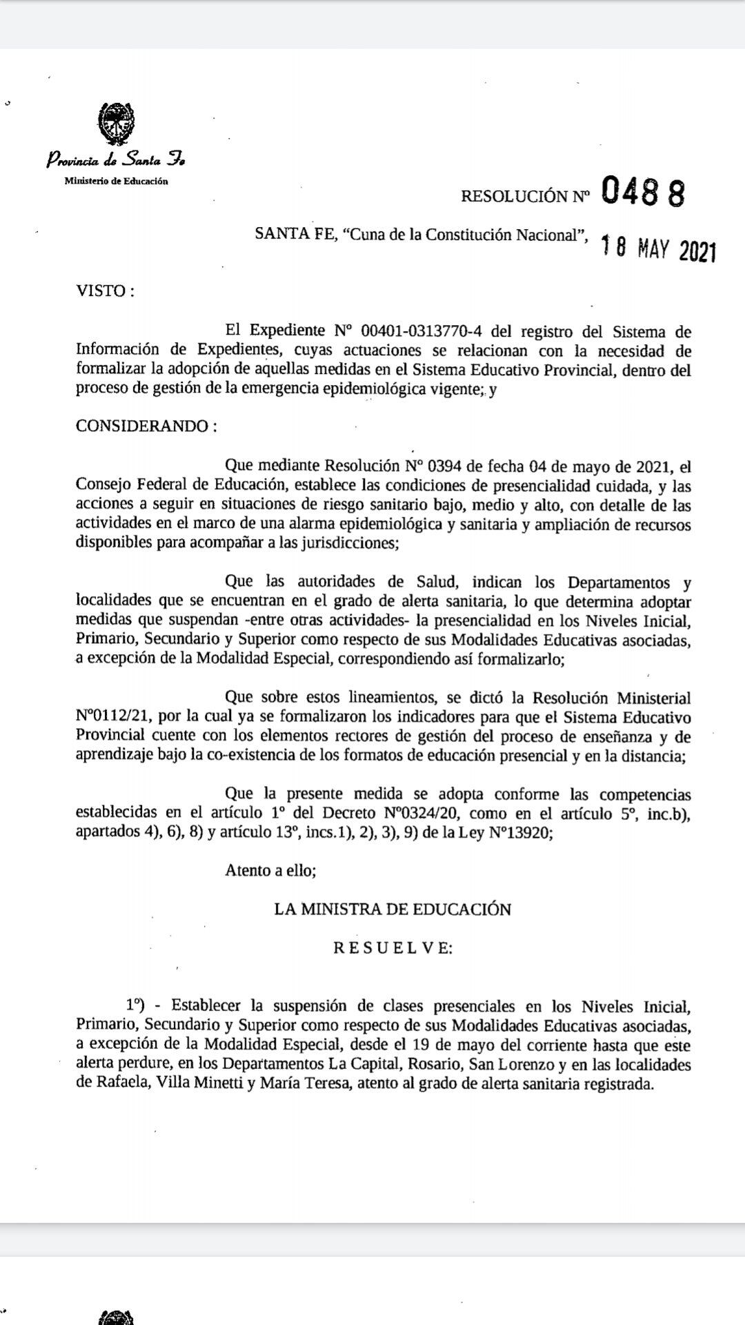 Suspensión de clases presenciales en Santa Fe