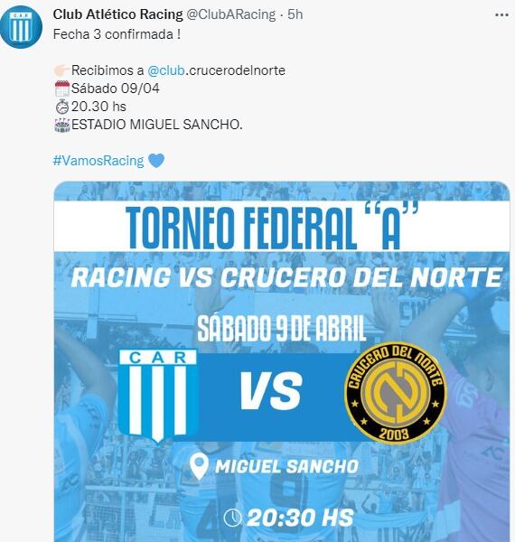 Confirmada la fecha para Racing ante Crucero del Norte.