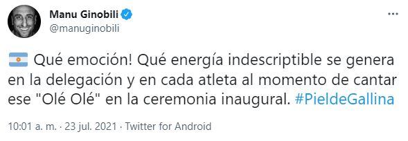 Manu Ginóbili se emocionó con los atletas argentinos en los Juegos Olímpicos 2020.