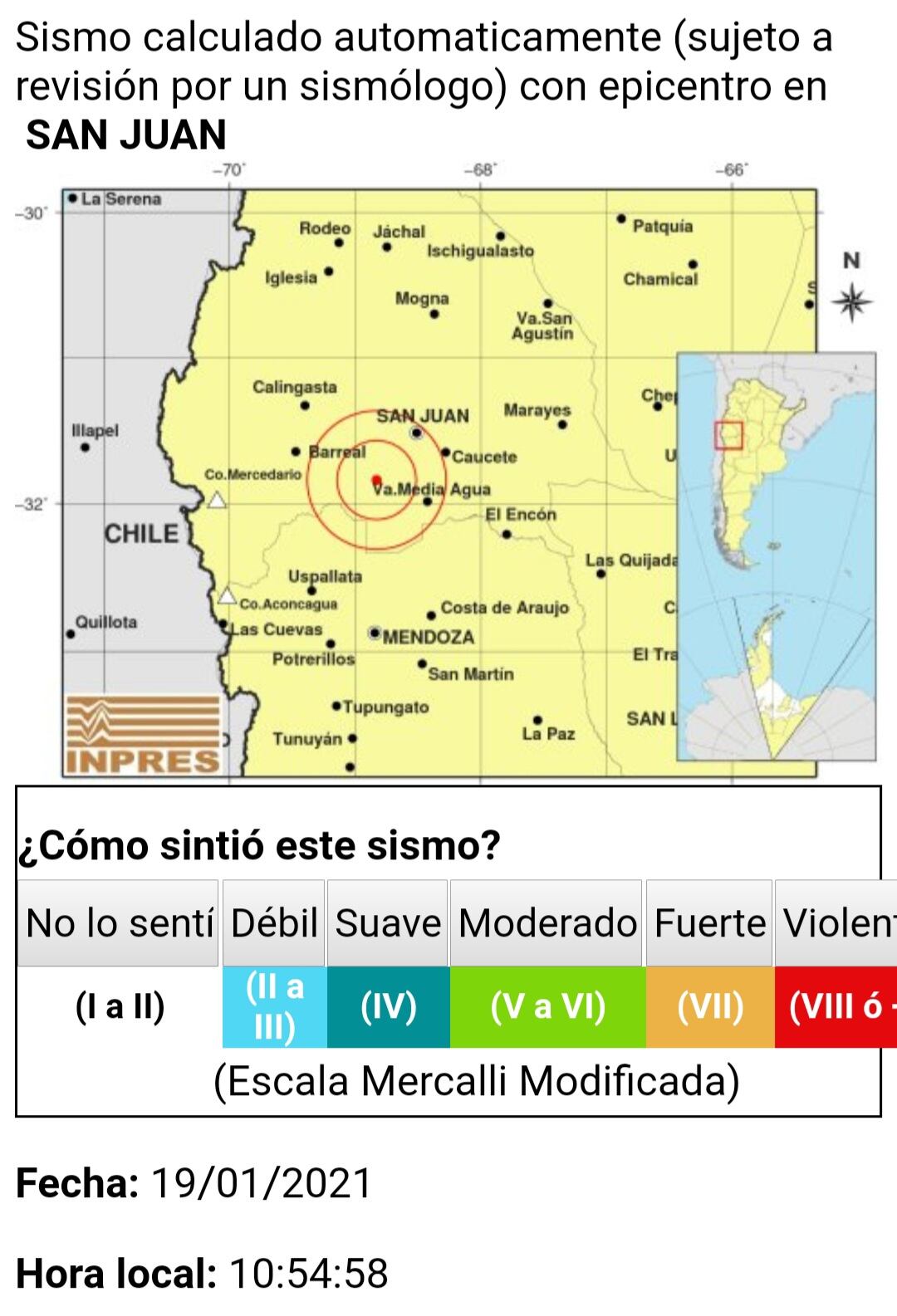 Hasta el momento, la última réplica registrada en San Juan.