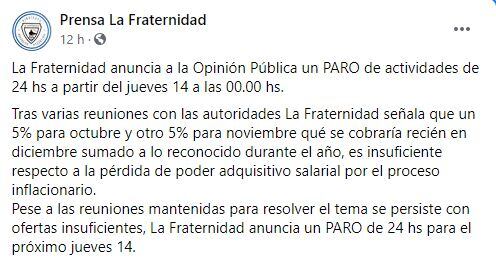 Comunicado del gremio ferroviario La Fraternidad para anunciar un paro de trenes de 24 horas, a partir del jueves 14 de octubre a las 00.