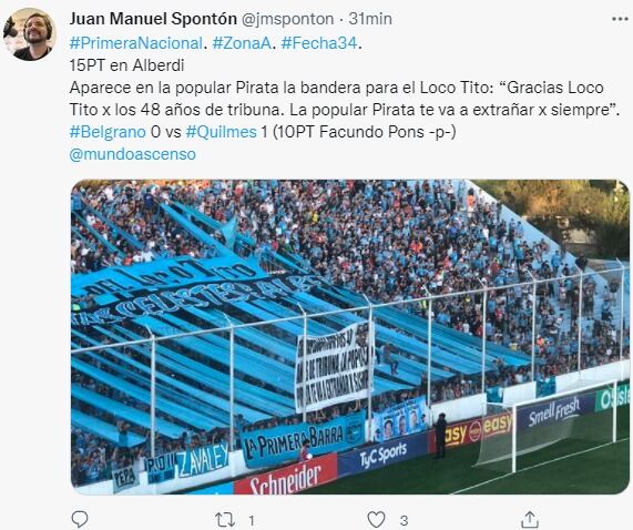 El trapo colgado en la popular de Belgrano, para el Loco Tito, jefe de la barrabrava.