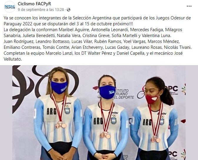 Federación Argentina de Ciclismo en Pista y Ruta (FACPyR), dio a conocer la lista de la Selección Argentina.