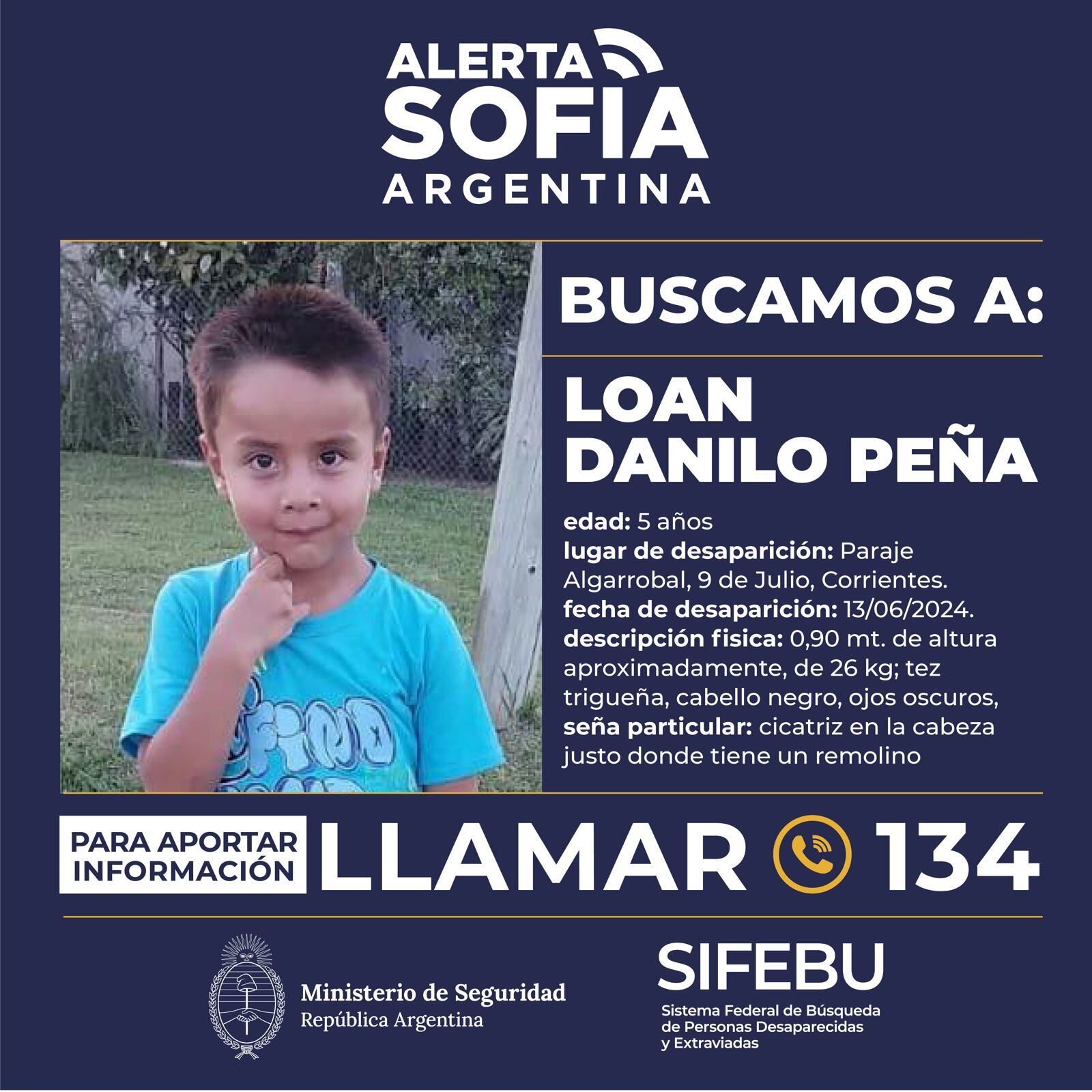 Loan tiene 5 años y desapareció en un paraje rural de Corrientes. (Foto: Diario El Libertador)