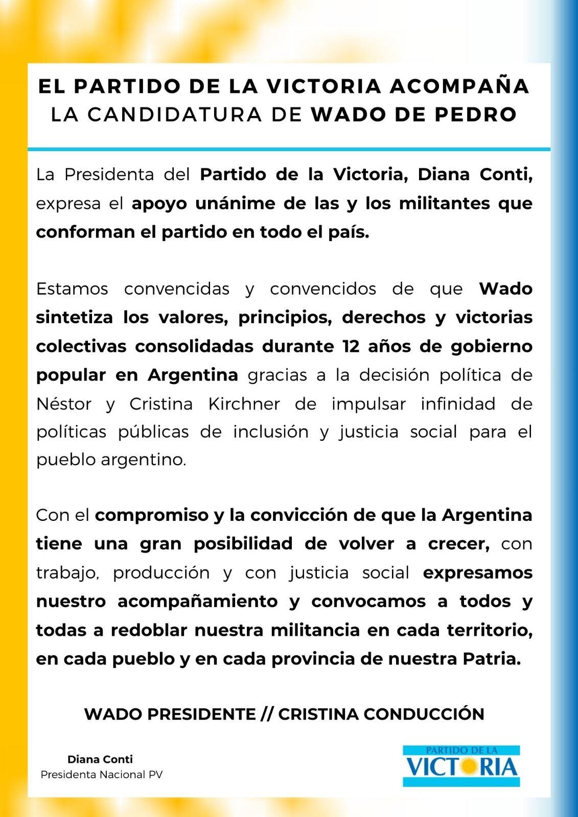 El Partido de la Victoria llamó a respaldar a Wado de Pedro como el candidato del Frente de Todos.