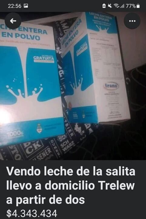 En páginas web de compra venta se comercializan cajas de leche del bolsón de alimentos que entrega el gobierno y entregan por medio de delivery en Trelew.