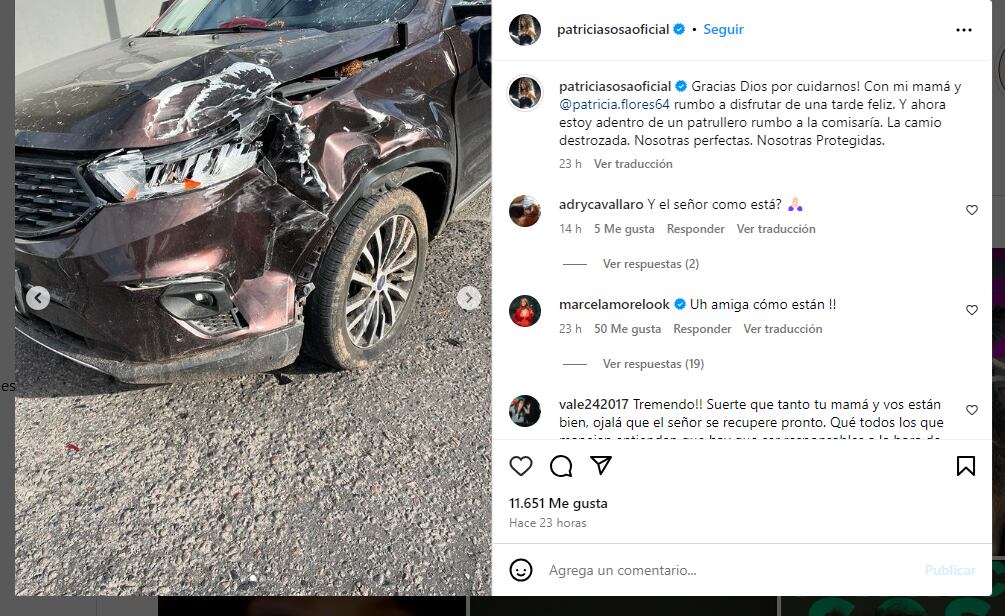 Patricia Sosa mostró cómo quedó su auto tras el accidente que sufrió