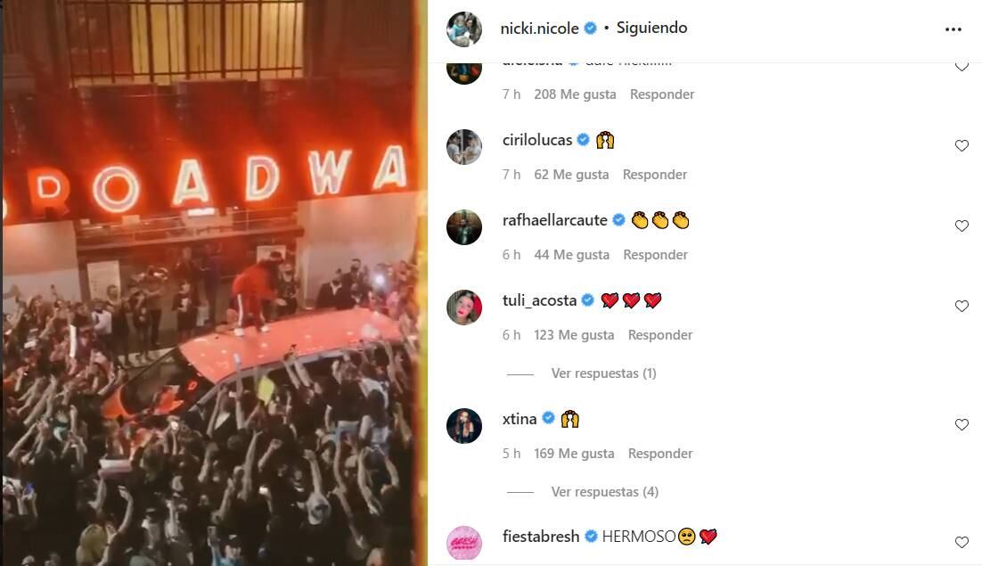 La artista estadounidense expresó su admiración a través de Instagram al ver lo que pasó en el Teatro Broadway de Rosario.