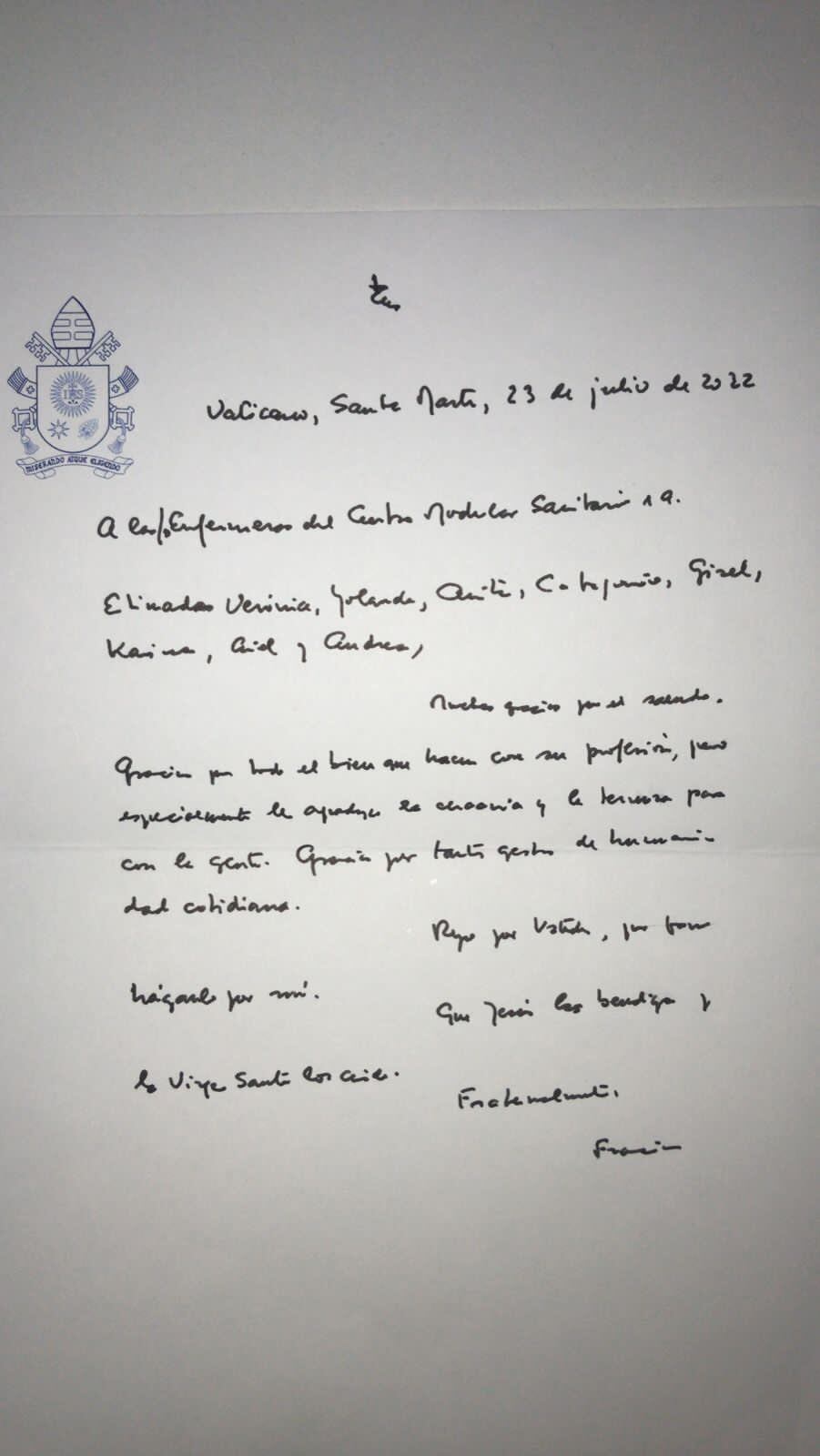 El Papa Francisco escribió una carta para agradecerles a las enfermeras chubutenses.