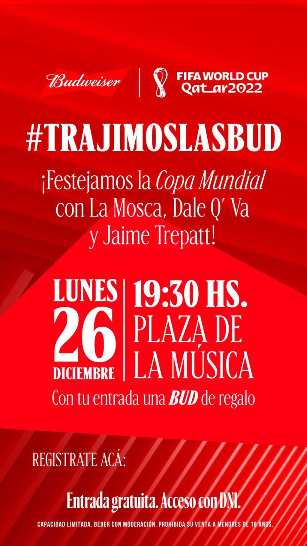 Este lunes a las 19.30 se llevará a cabo un encuentro mundialista en la Plaza de la Música.