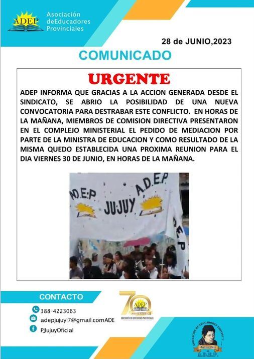 El comunicado distribuido este miércoles a la noche por ADEP informando sobre las gestiones para "destrabar" el conflicto iniciado el pasado 5 de junio.