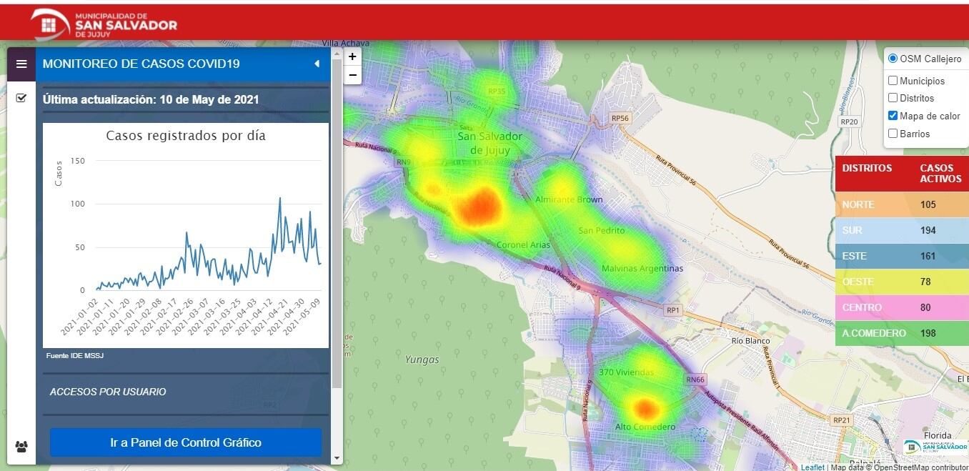 Mapa de calor que muestra el impacto de la pandemia de Covid-19 en San Salvador de Jujuy, producido con la Infraestructura de Datos Espaciales Municipal (IDEM).