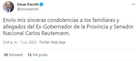 Omar Perotti se despidió de Carlos Reutemann a través de sus redes sociales.